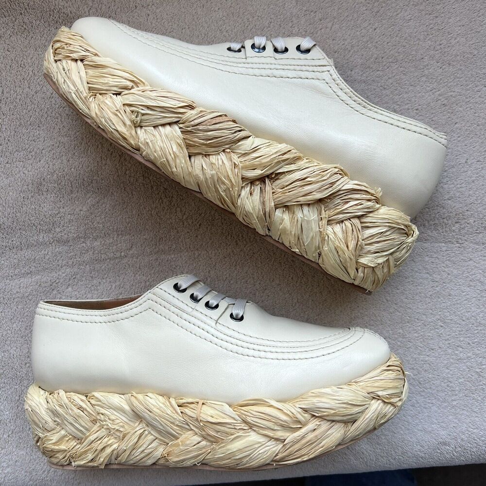 Clergerie Paris Lozy Creamy Beige Lambskin Leather Shoes Raffia Soles EU 37 US 6